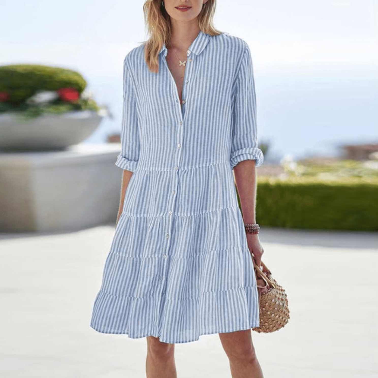 Women's Striped Shirt Dress | Button Down Tiered-5