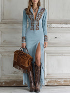 Women's Embroidered Fringe Maxi Dress | Western V-Neck-1