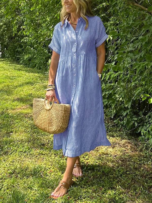 Women's Striped Midi Dress | Button-Down Short Sleeve-1