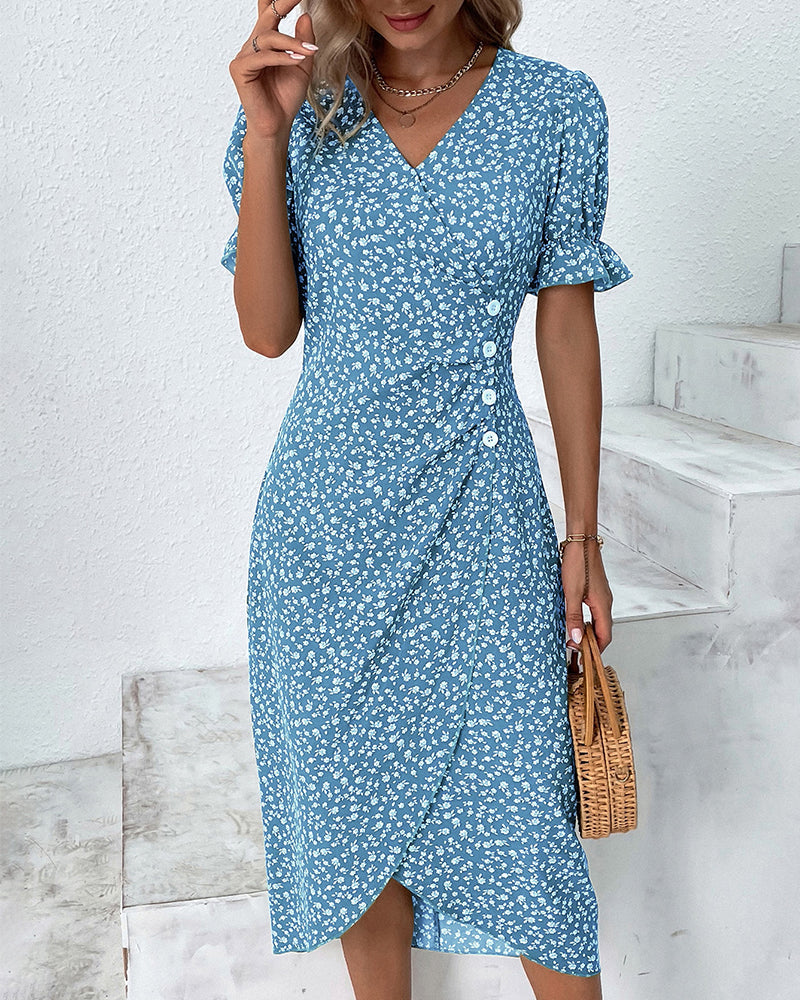 Women's Floral Wrap Midi Dress | V-Neck Ruffle Sleeve-2