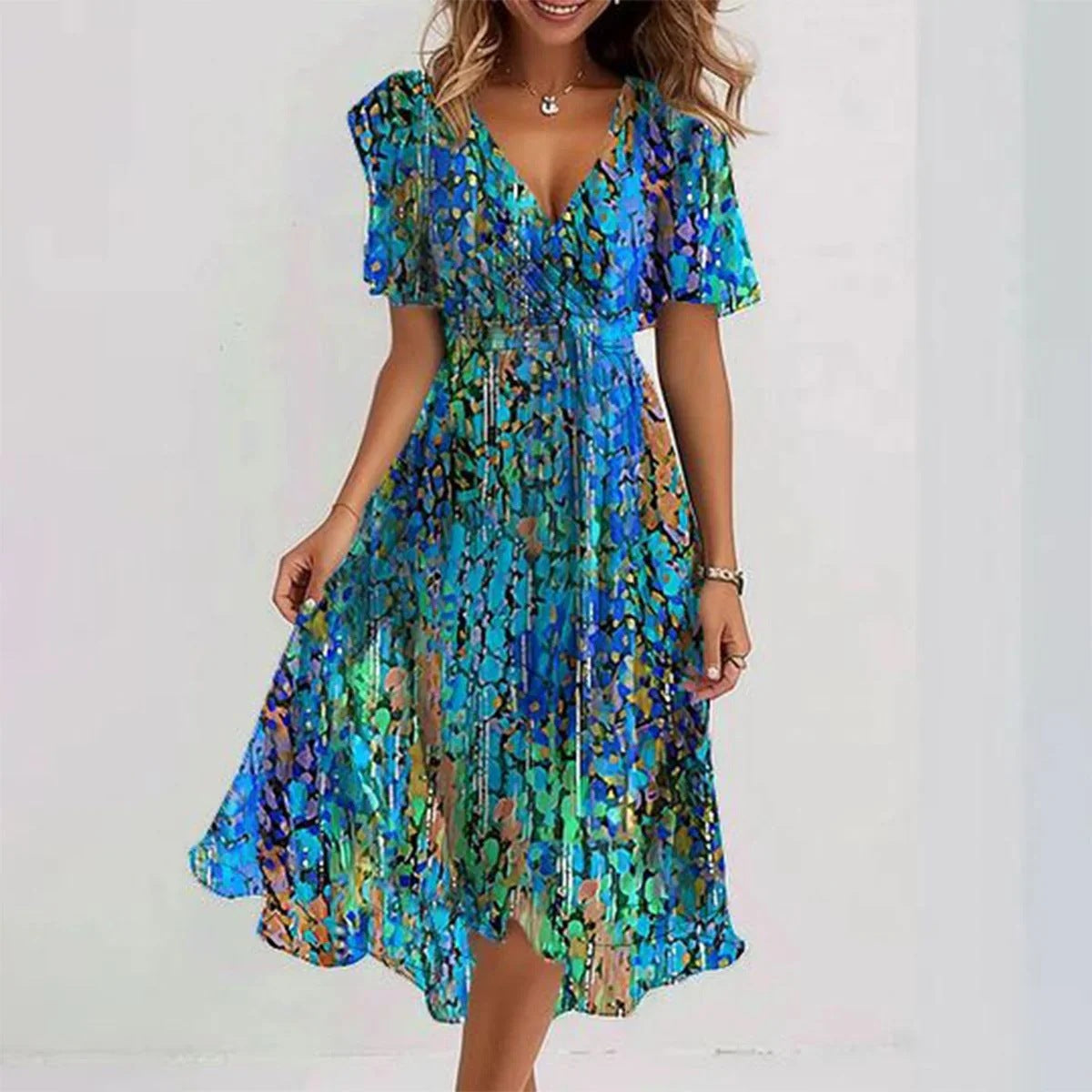 Women's Floral Wrap Dress | V-Neck Flutter Sleeve-2