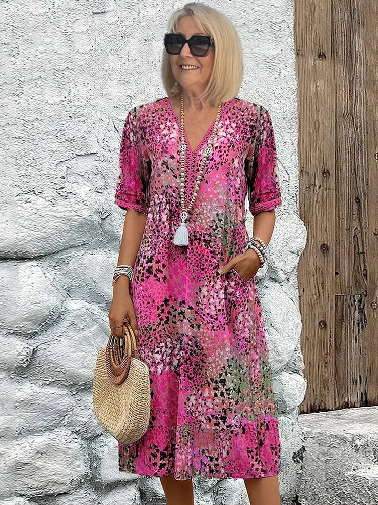 Women's Floral V-Neck Midi Dress | Half Sleeve-3