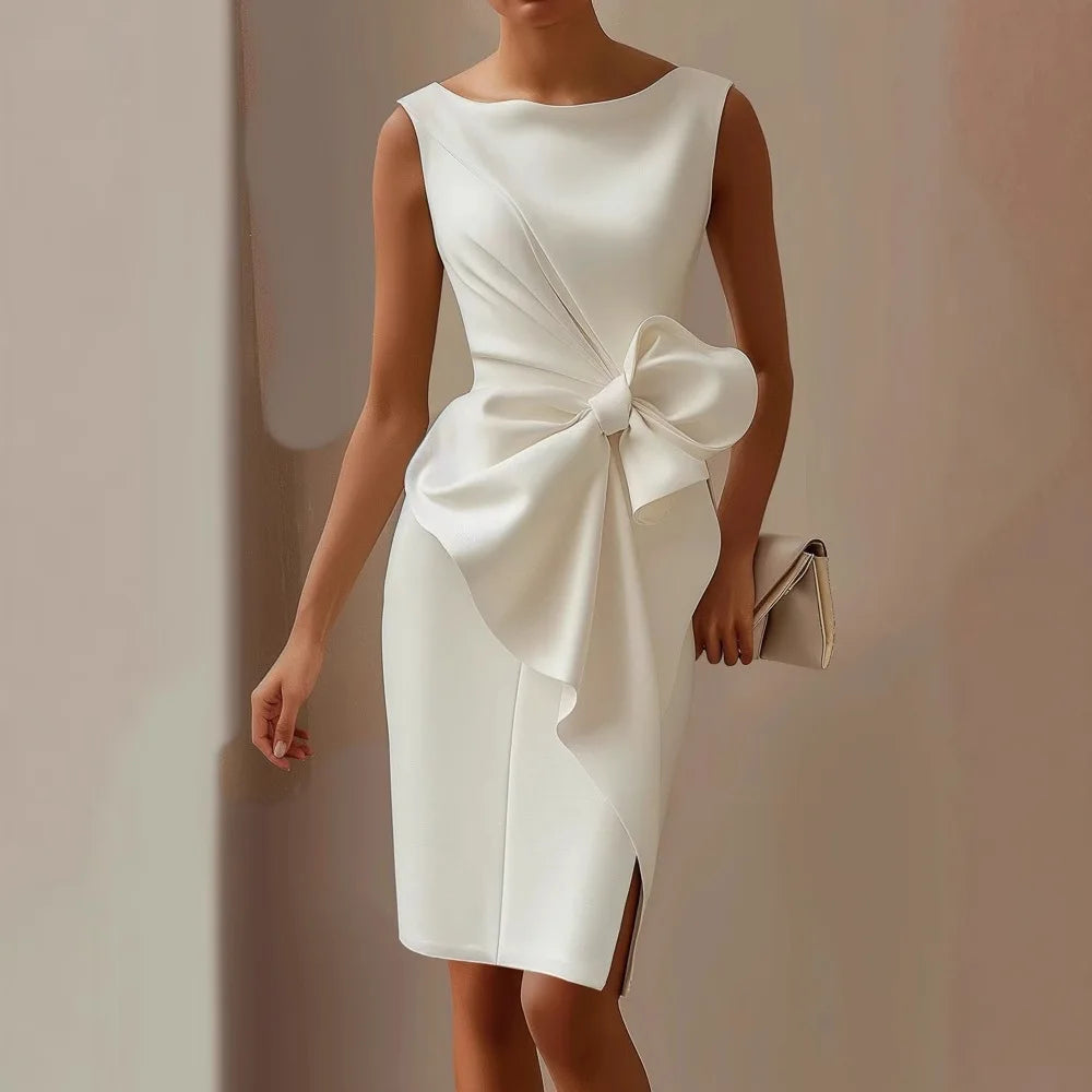 Women's White Bow Midi Dress | Cocktail Party-1