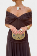 Women's Off Shoulder Ruched Gown | V Neck Maxi-1