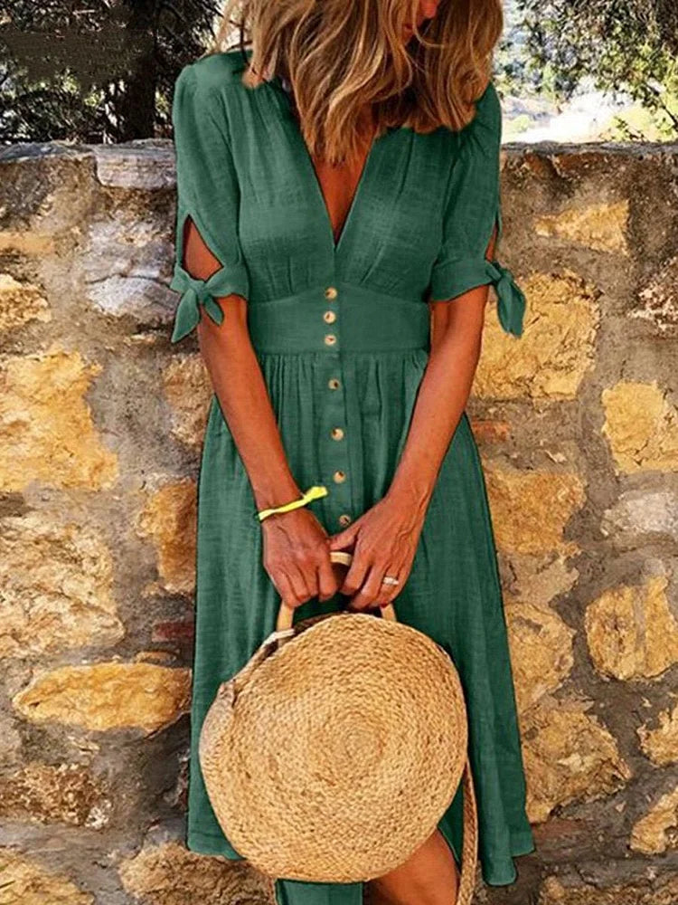 v neck button midi dress Shirt Dress Green Casual Solid V Neck Half Sleeve Button Down Belted Midi Dress Plus Size(3XL)
