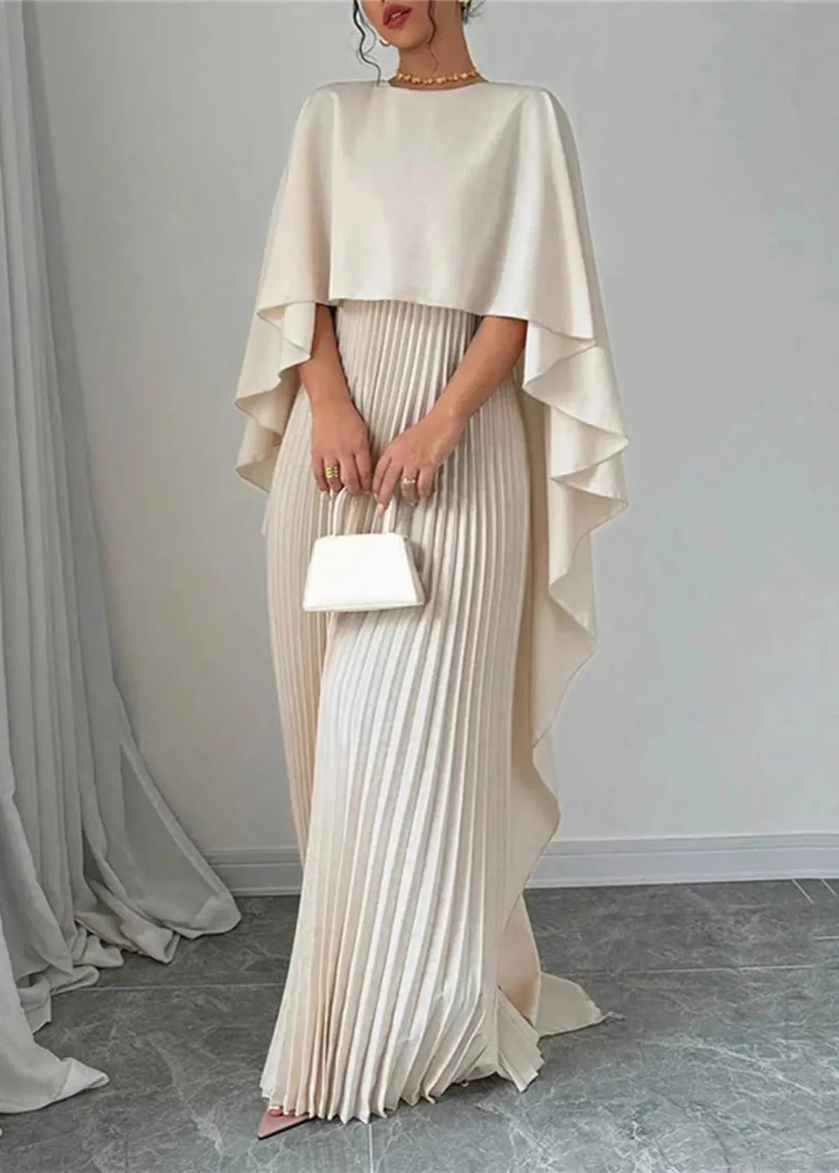 Women's Pleated Maxi Dress | Cape Overlay Evening Gown-3