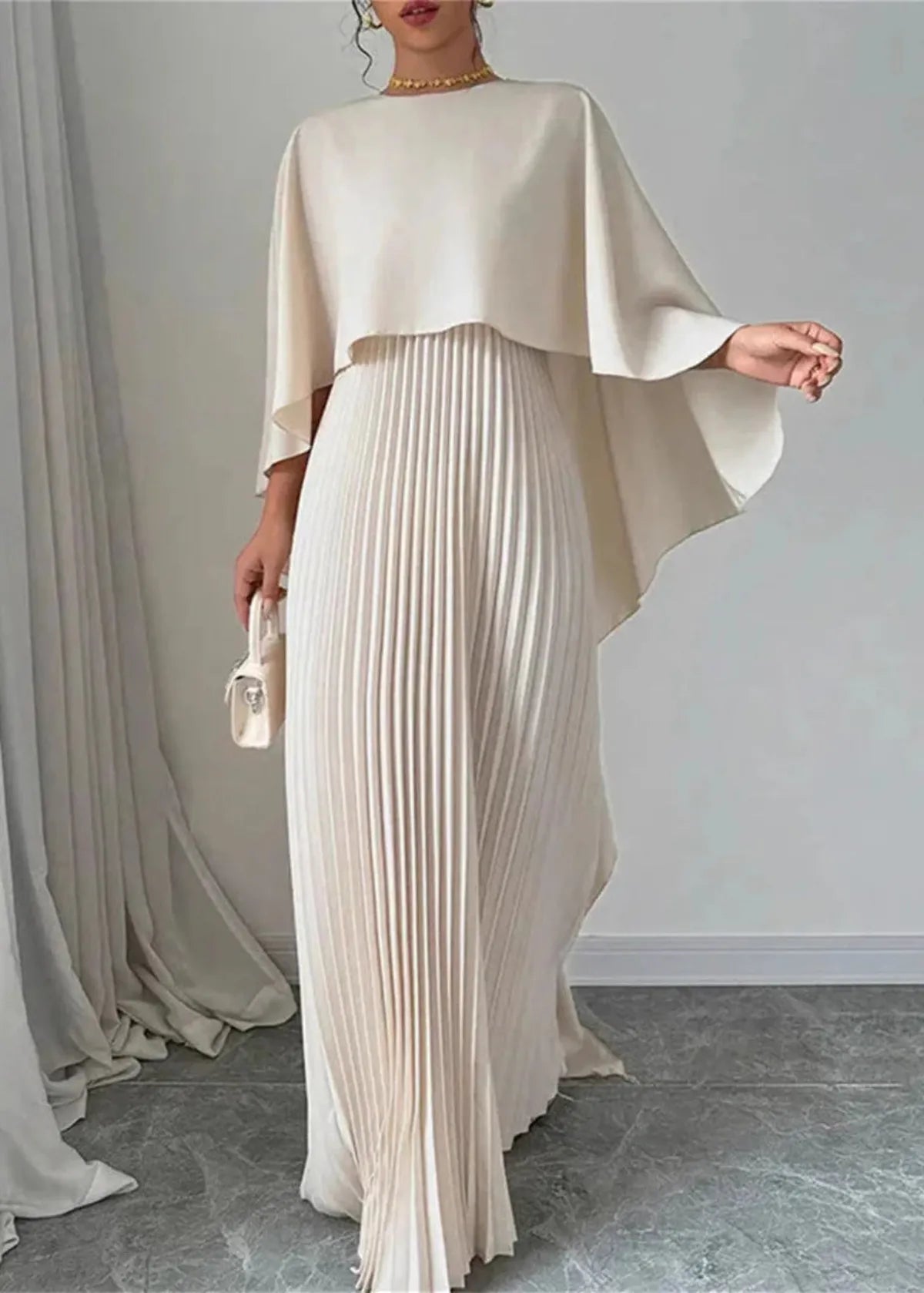 Women's Pleated Maxi Dress | Cape Overlay Evening Gown-1