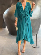 Women's Boho Midi Dress | V-Neck Belted Flowy-5