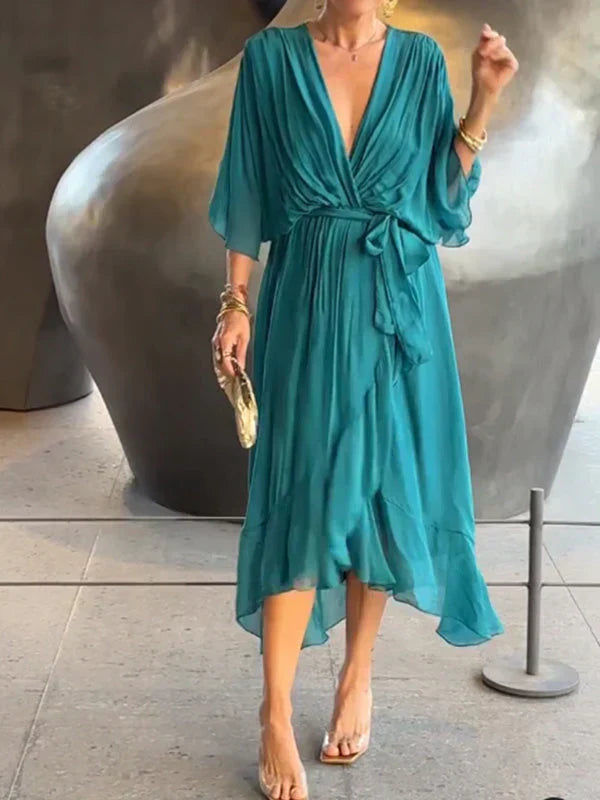 Women's Boho Midi Dress | V-Neck Belted Flowy-5