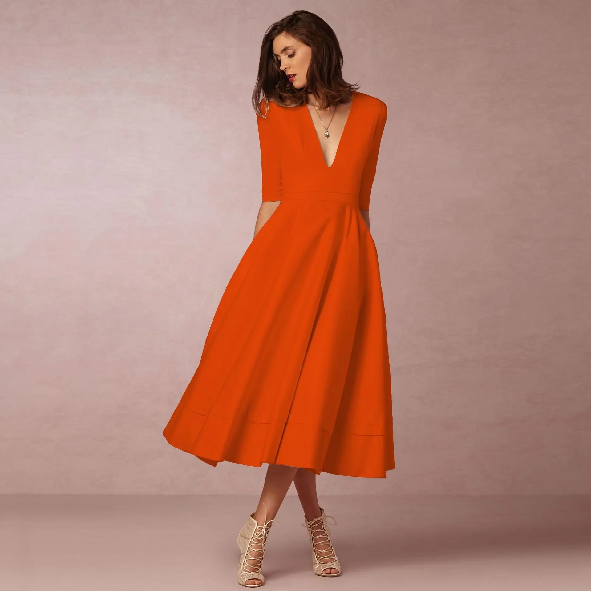 Women's Elegant Midi Dress | V-Neck A-Line White-11
