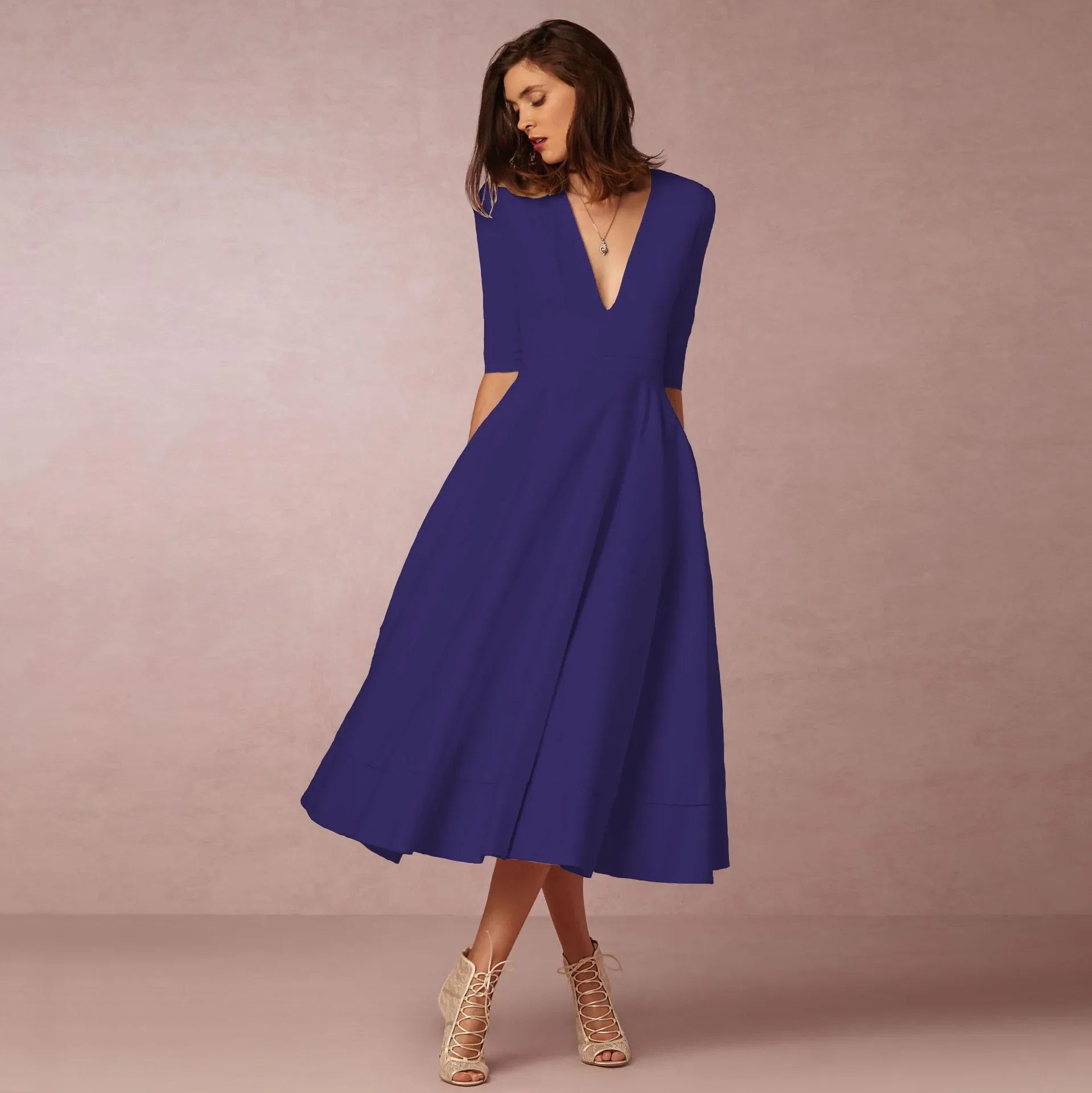 Women's Elegant Midi Dress | V-Neck A-Line White-2