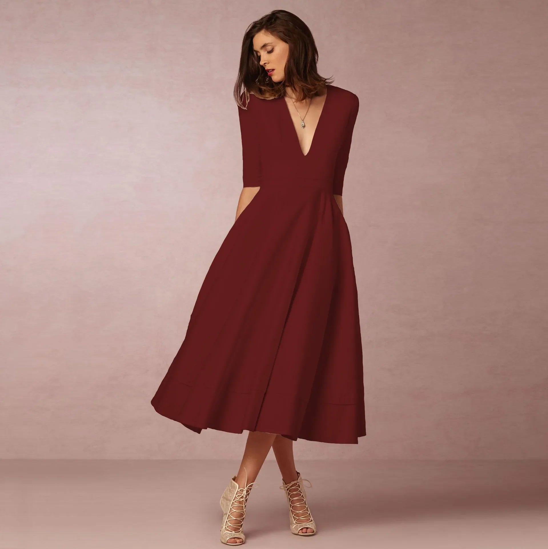 Women's Elegant Midi Dress | V-Neck A-Line White-4