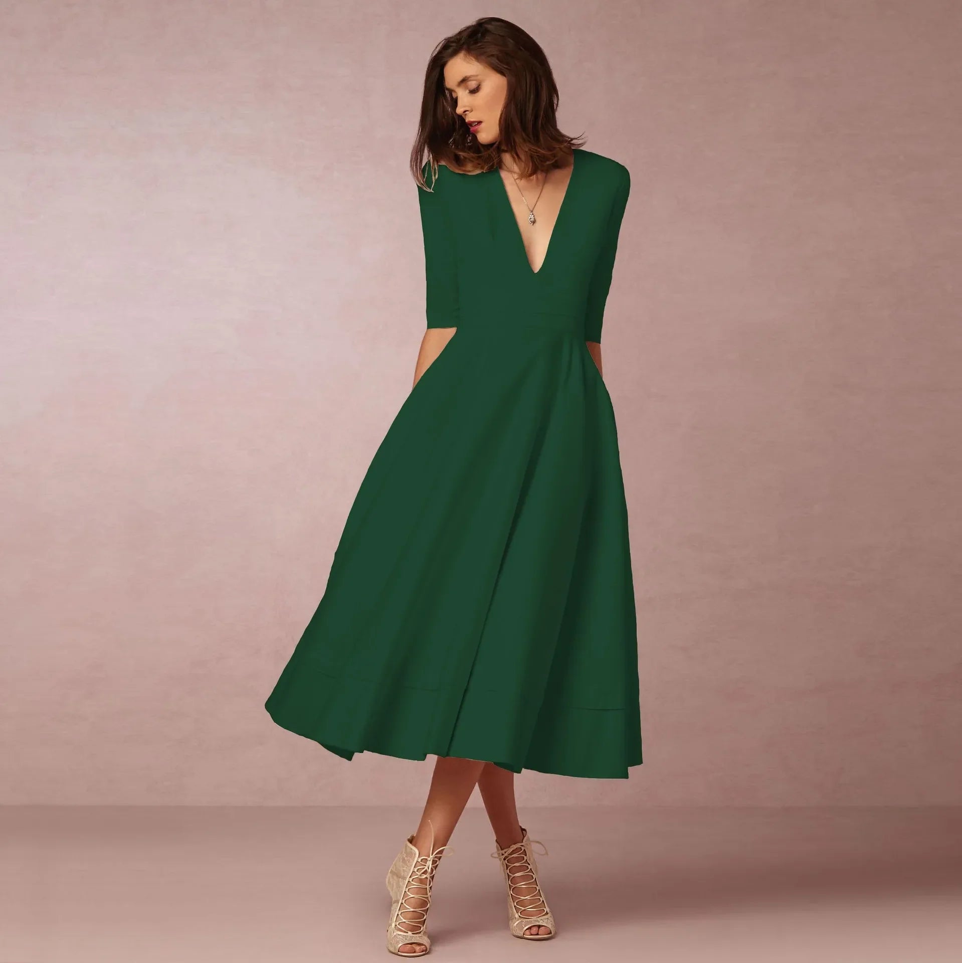 Women's Elegant Midi Dress | V-Neck A-Line White-7