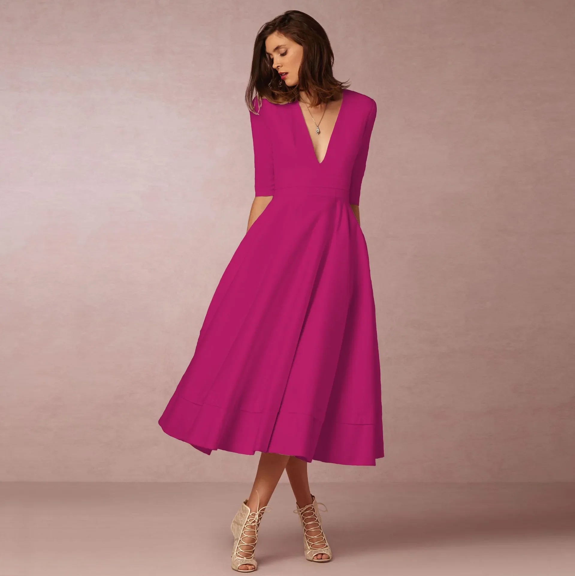 Women's Elegant Midi Dress | V-Neck A-Line White-5