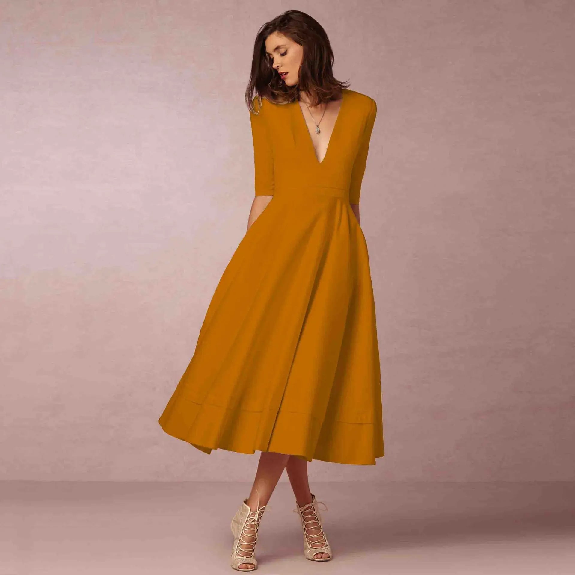 Women's Elegant Midi Dress | V-Neck A-Line White-3