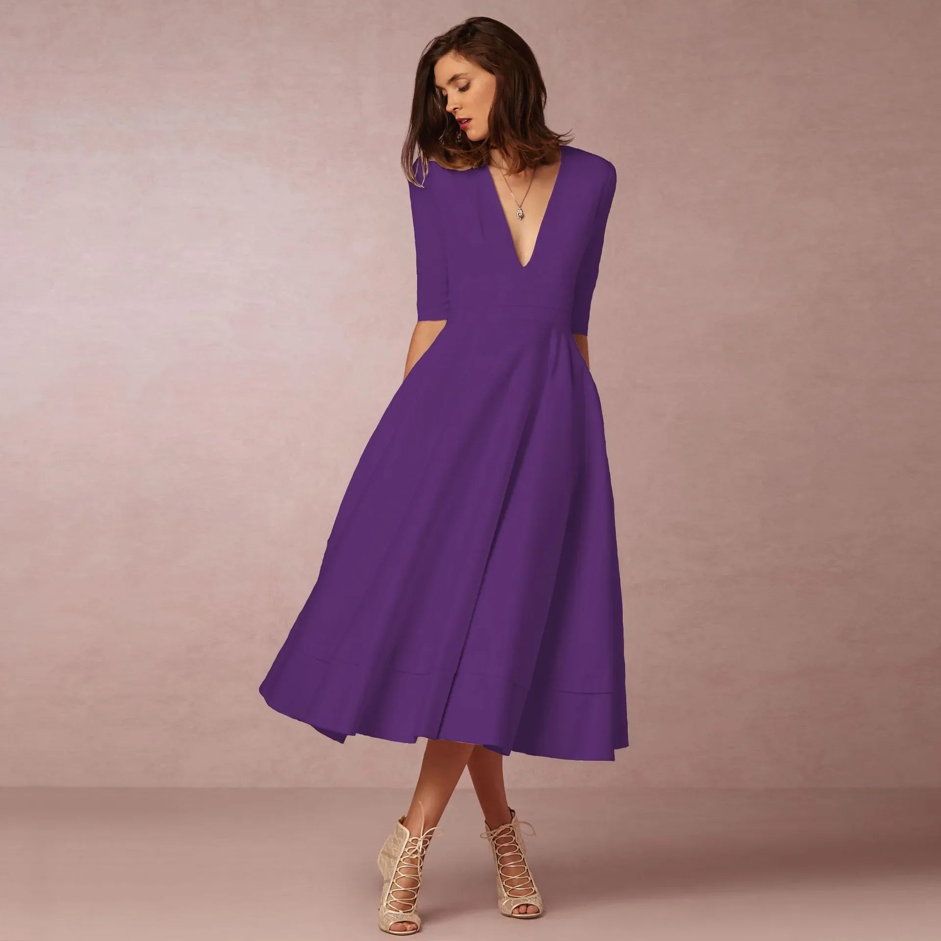 Women's Elegant Midi Dress | V-Neck A-Line White-9