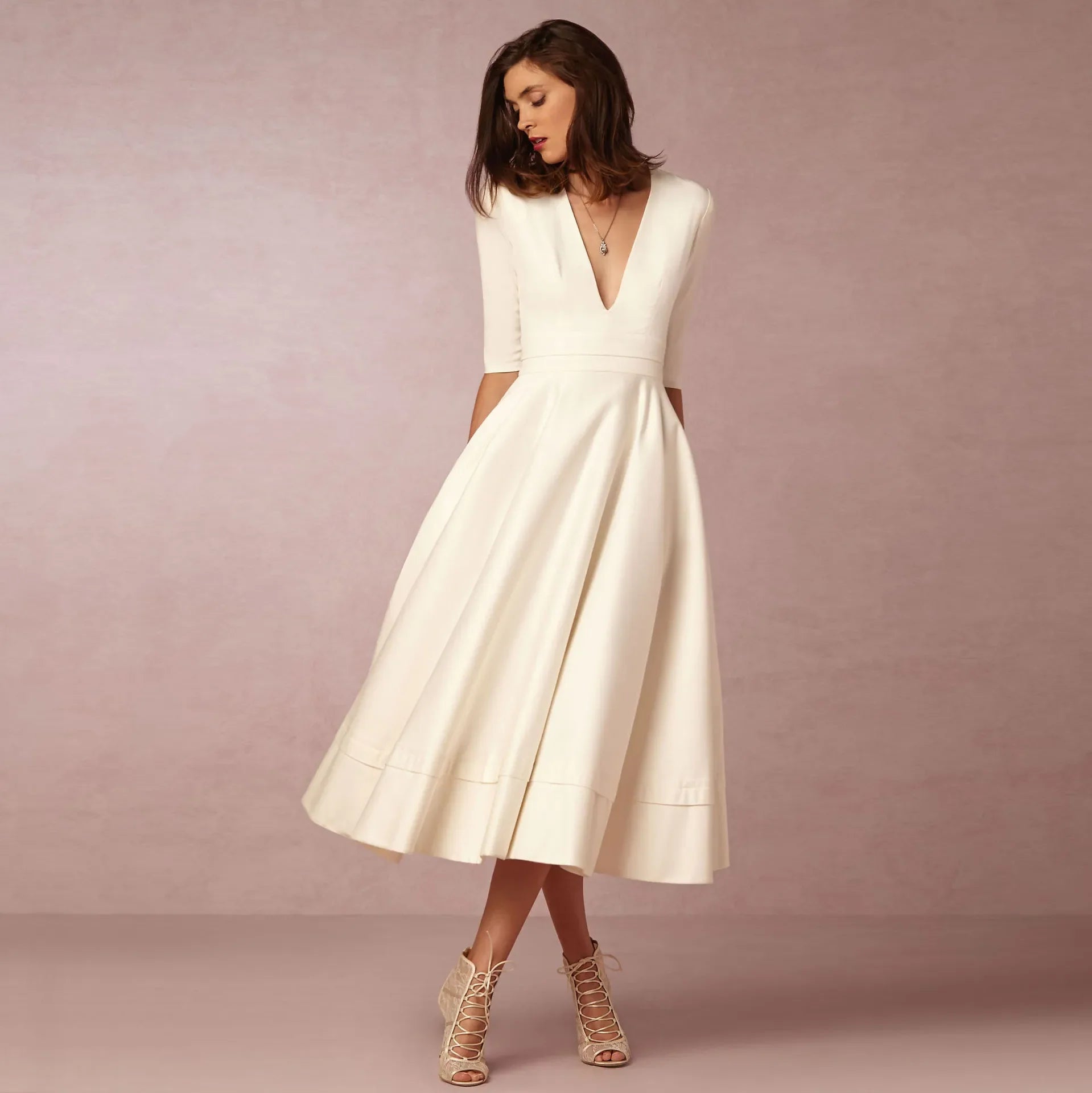 Women's Elegant Midi Dress | V-Neck A-Line White-1