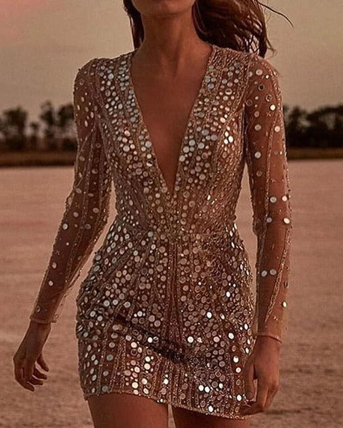 Women's Sequin Mini Dress | Wrap V-Neck-3