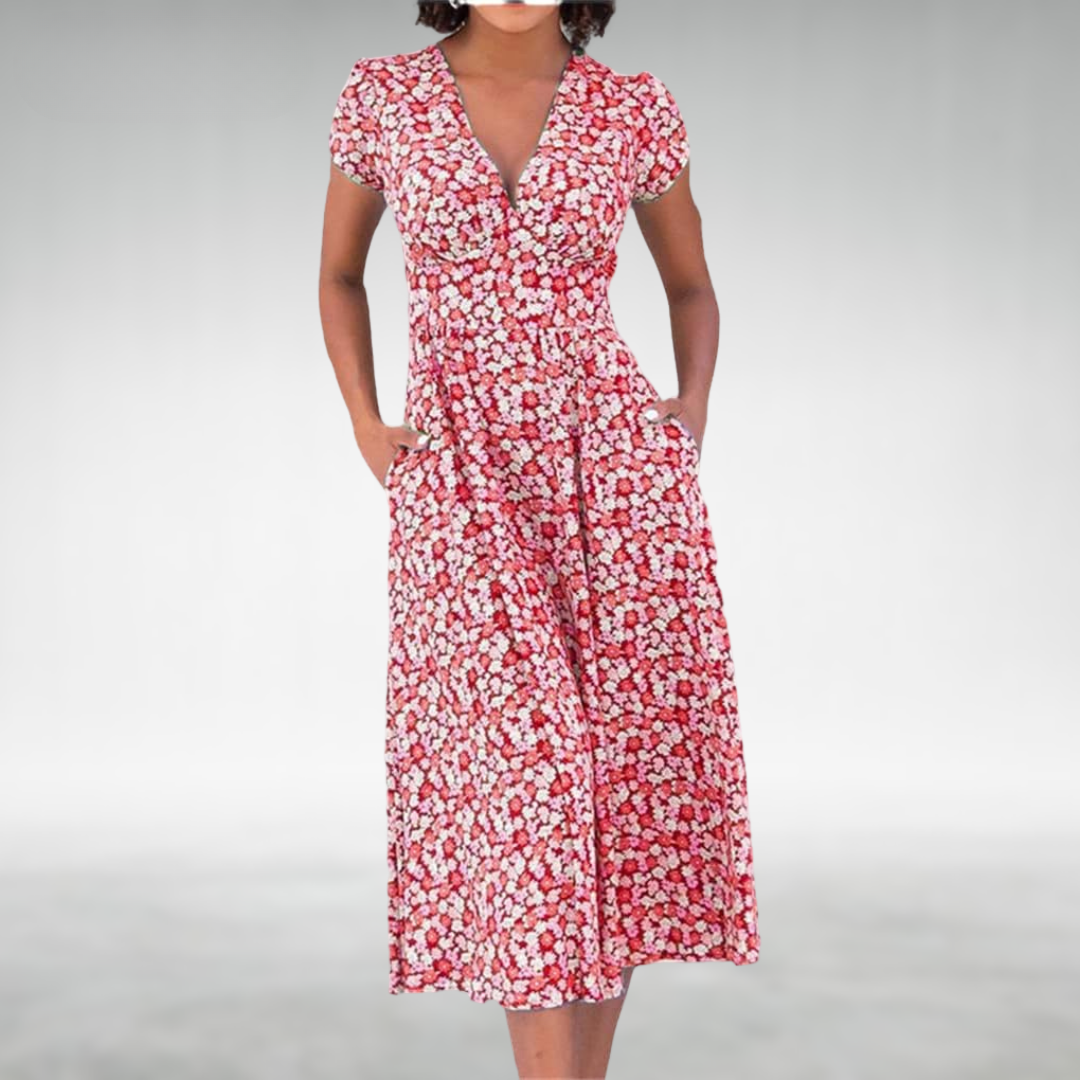 Women's Floral Midi Dress | Summer V-Neck-2