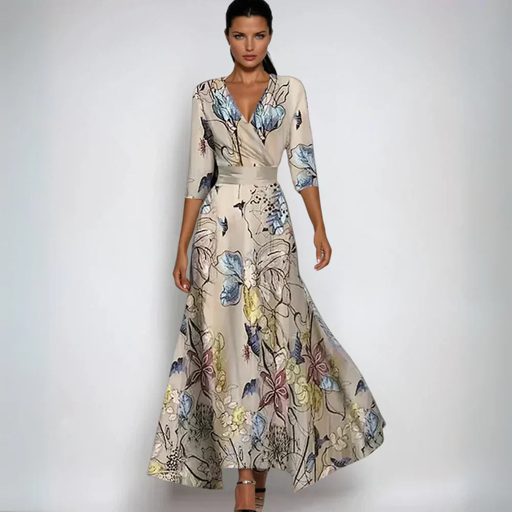 Women's Floral Wrap Maxi Dress | V-Neck 3/4 Sleeve-5