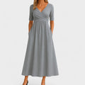 Women's Wrap V-Neck Midi Dress | Short Sleeve Pockets-3