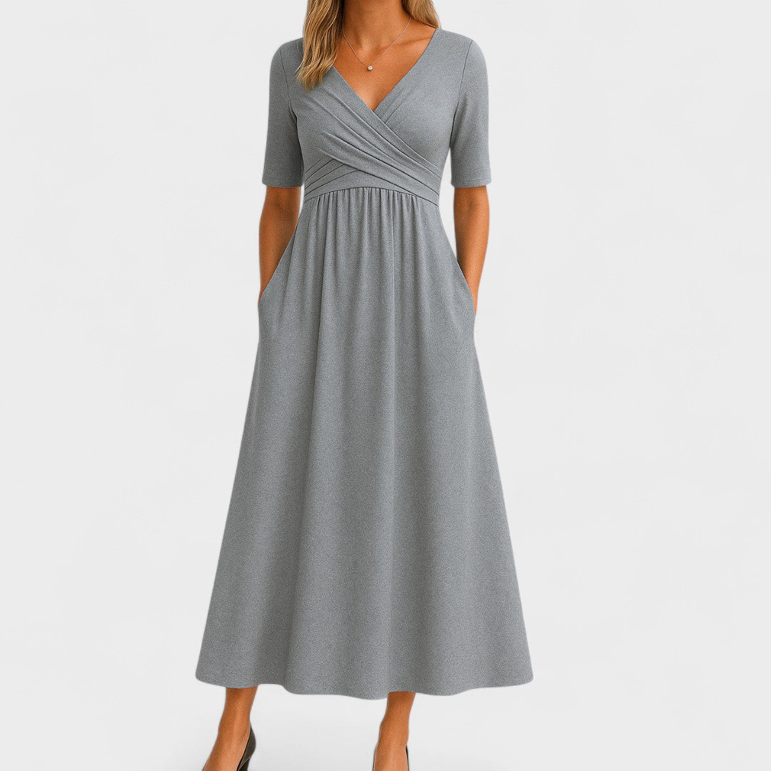 Women's Wrap V-Neck Midi Dress | Short Sleeve Pockets-3