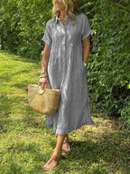 Women's Striped Midi Dress | Button-Down Short Sleeve-10