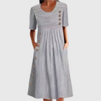 Women's Striped Midi Dress | Button Detail Pockets-2