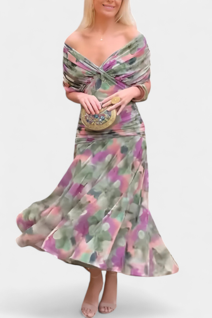 Women's Off Shoulder Ruched Gown | V Neck Maxi-5