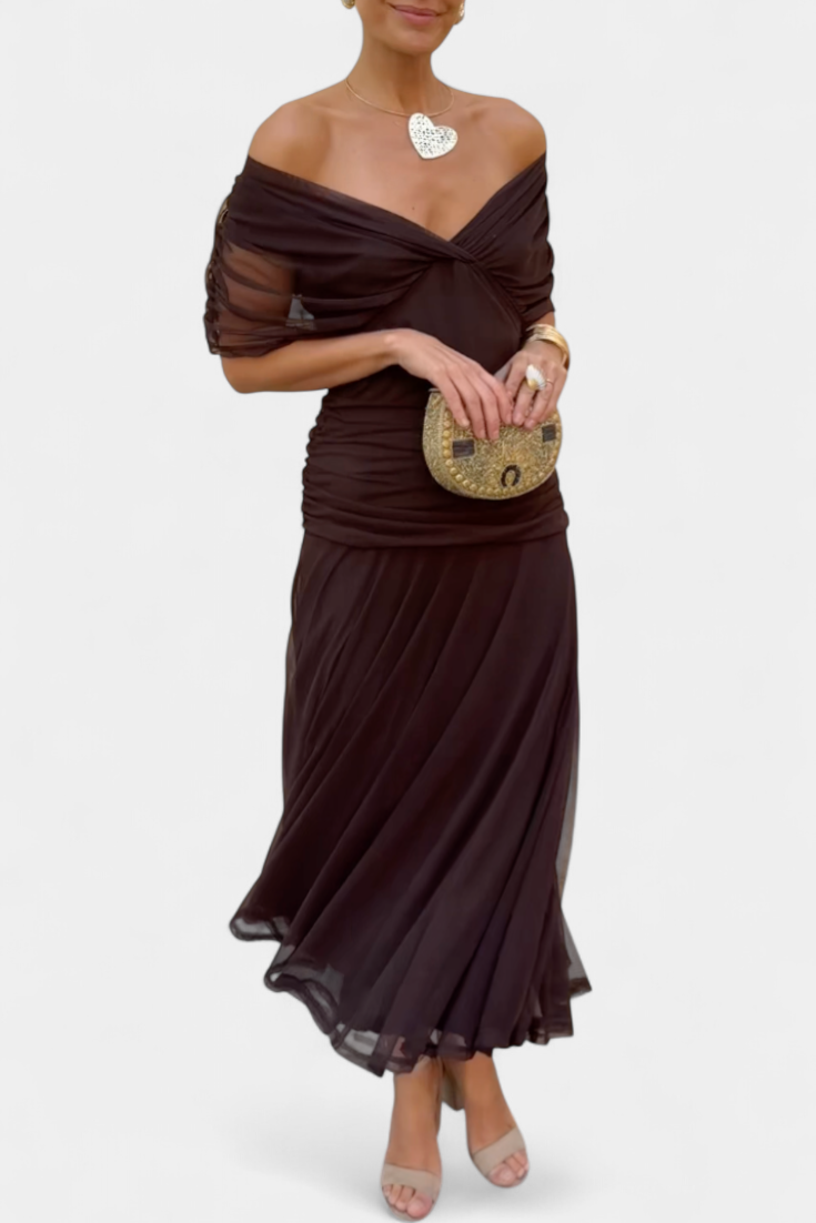 Women's Off Shoulder Ruched Gown | V Neck Maxi-2