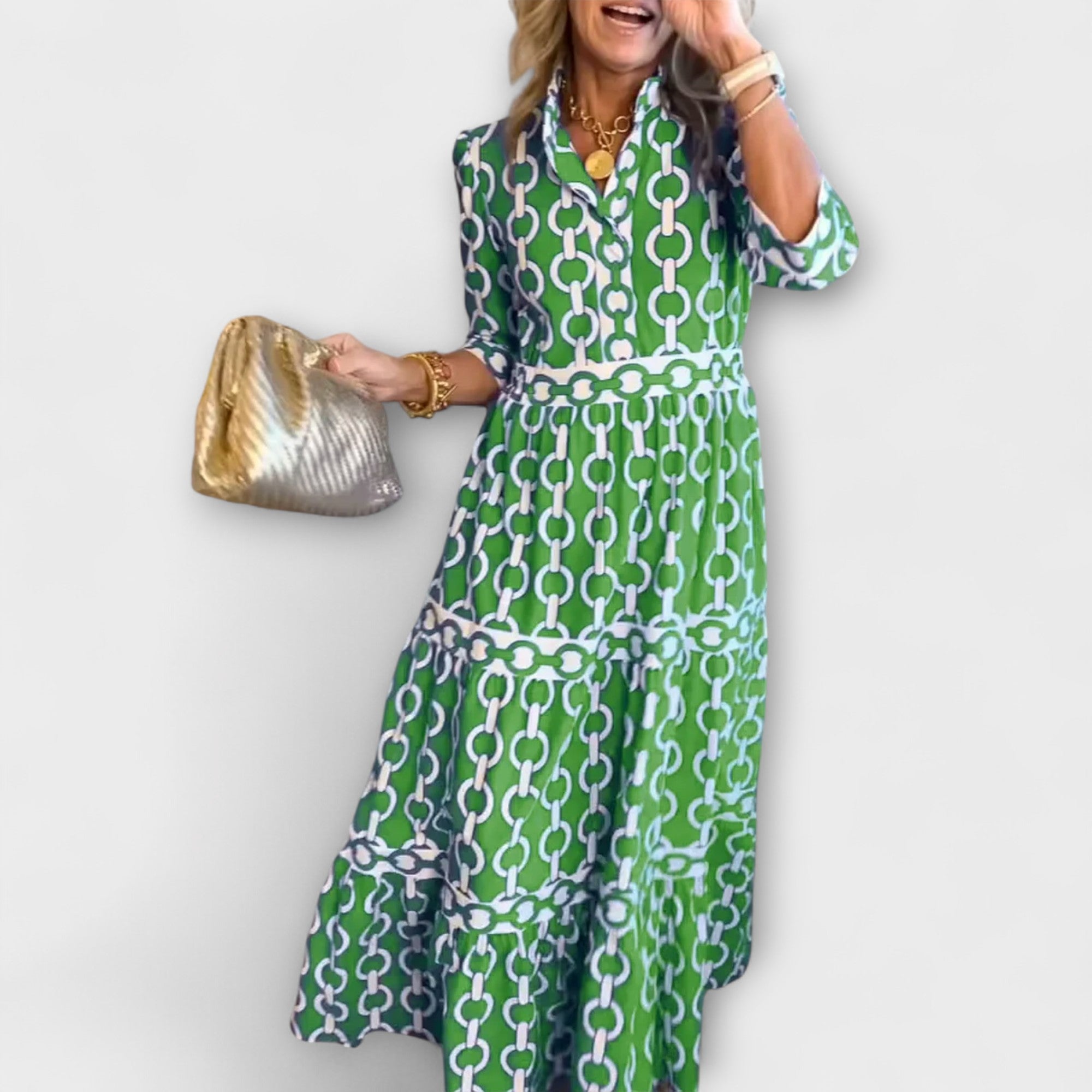 Women's Chain Print Maxi Dress | Tiered V-Neck-3