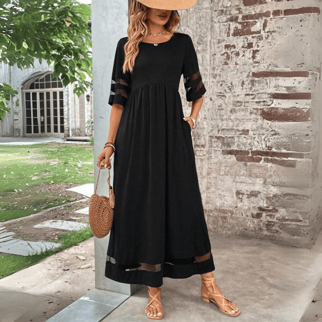 Women's Sheer Sleeve Maxi Dress | Black Pocket A-Line-3