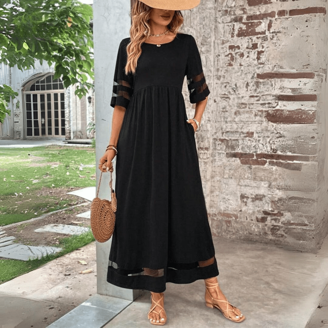 Women's Sheer Sleeve Maxi Dress | Black Pocket A-Line-3