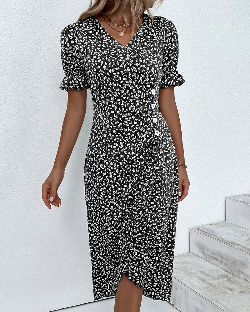 Women's Floral Wrap Midi Dress | V-Neck Ruffle Sleeve-13