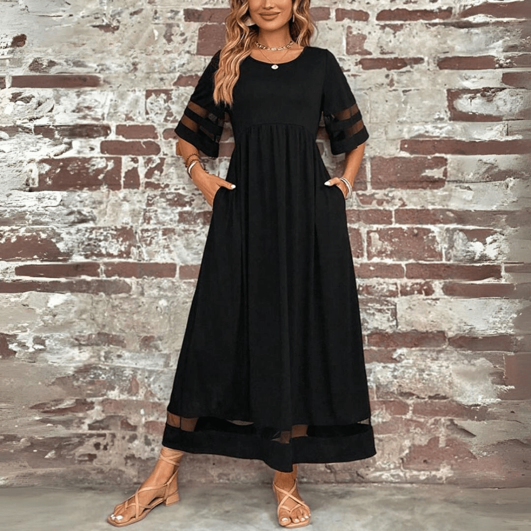 Women's Sheer Sleeve Maxi Dress | Black Pocket A-Line-4