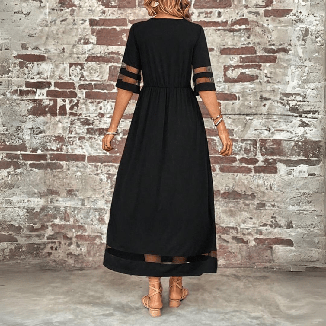 Women's Sheer Sleeve Maxi Dress | Black Pocket A-Line-6