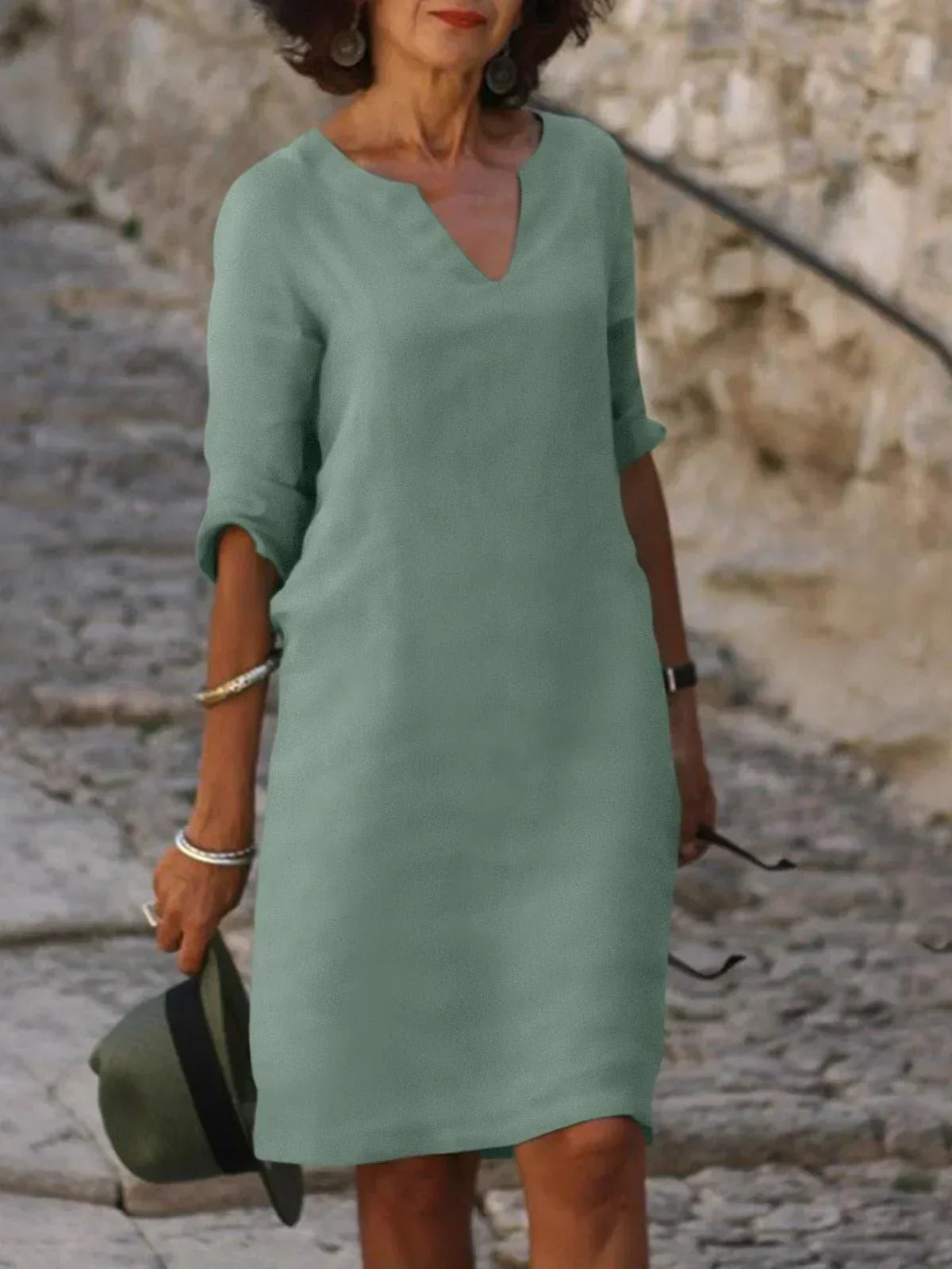 Women's V-Neck Shift Dress | Half Sleeve Knee Length-4