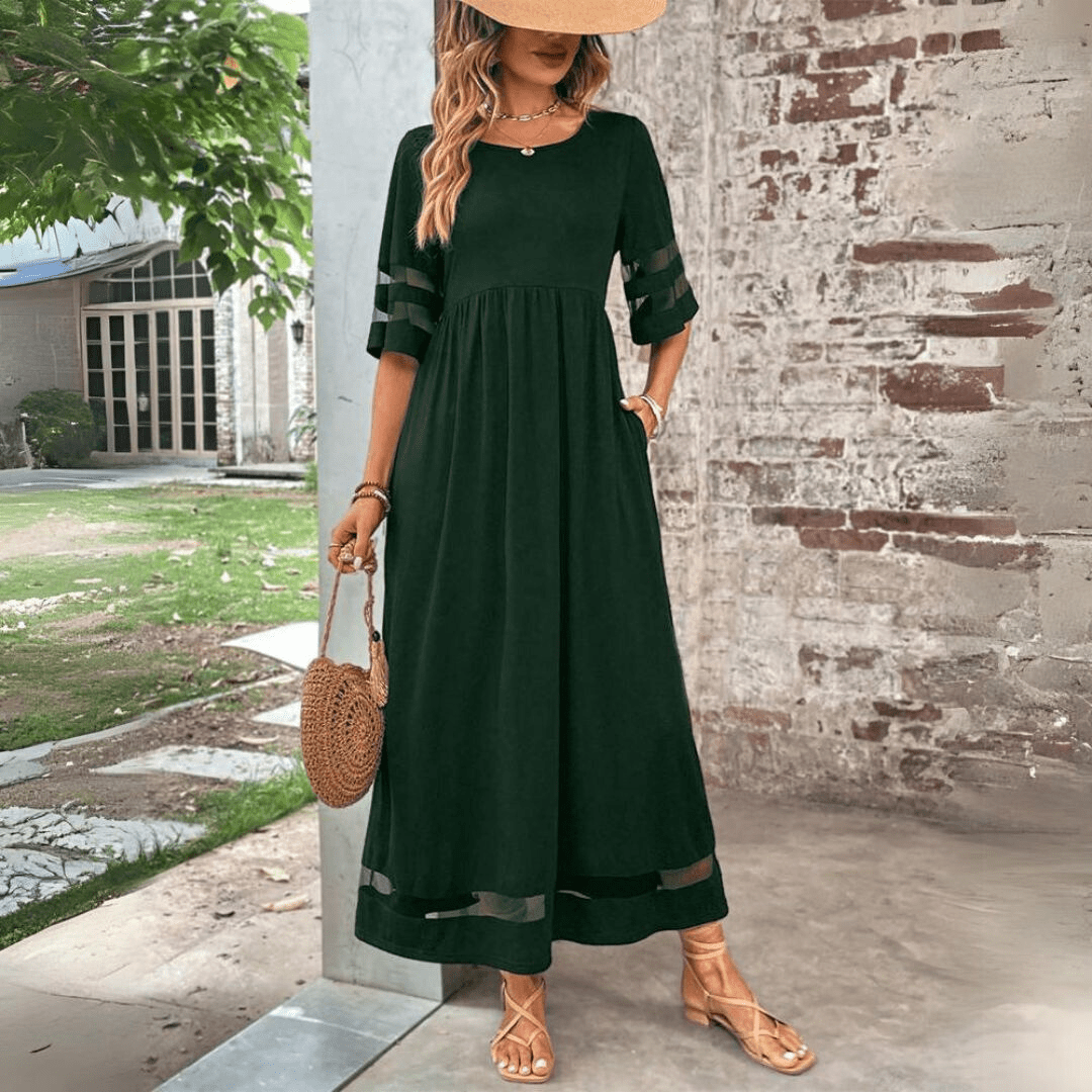 Women's Sheer Sleeve Maxi Dress | Black Pocket A-Line-7