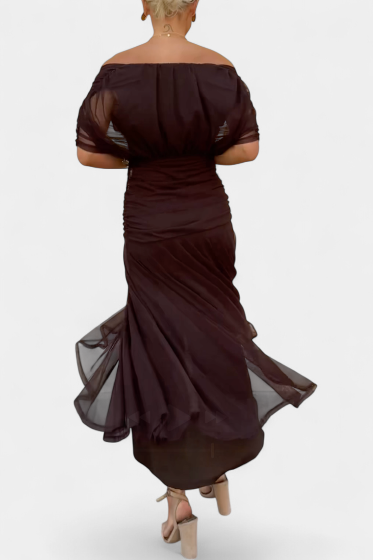 Women's Off Shoulder Ruched Gown | V Neck Maxi-4
