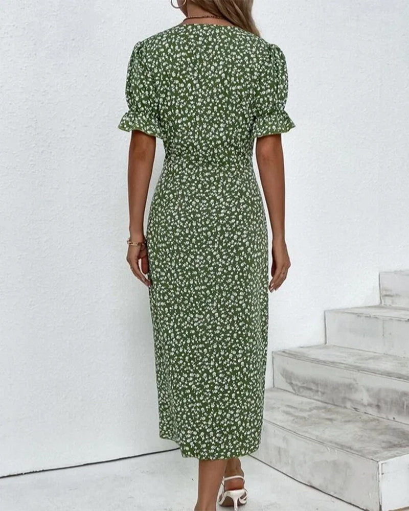 Women's Floral Wrap Midi Dress | V-Neck Ruffle Sleeve-6