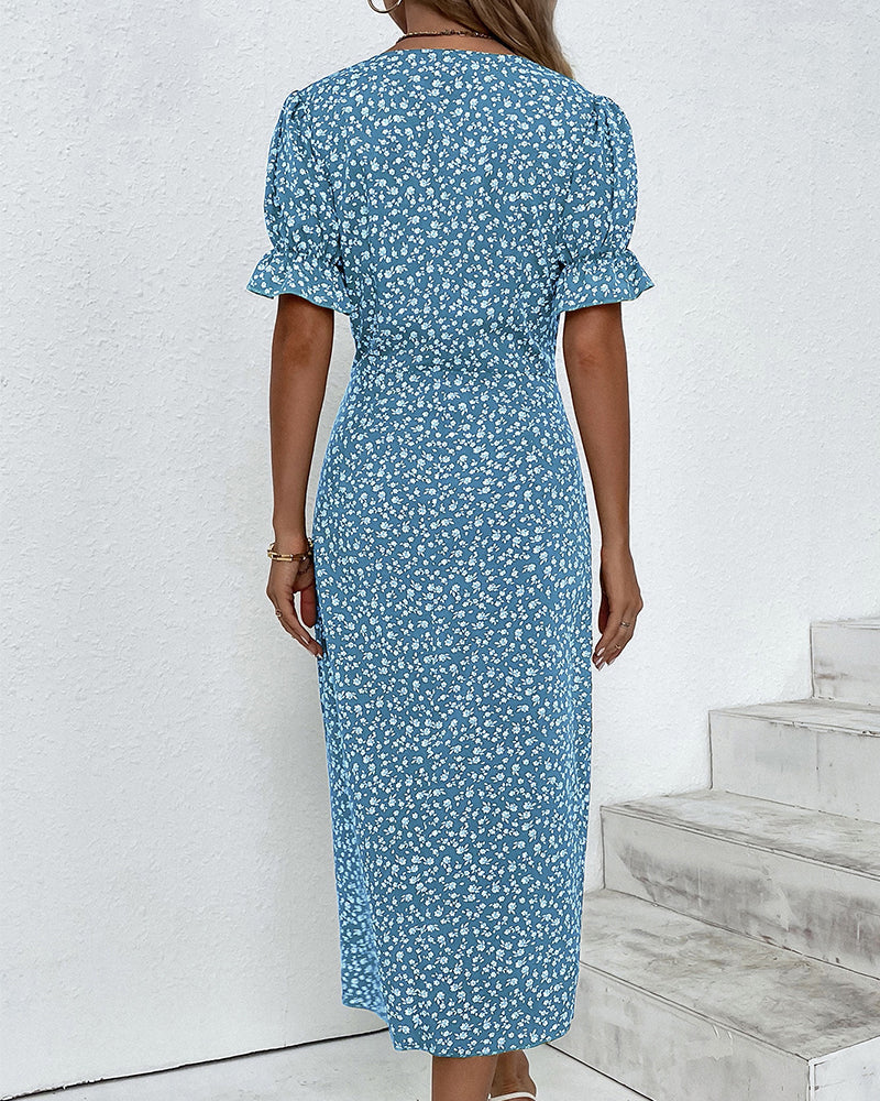 Women's Floral Wrap Midi Dress | V-Neck Ruffle Sleeve-8