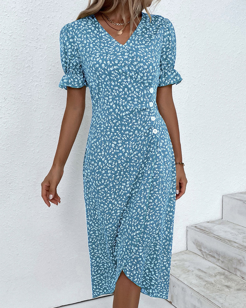 Women's Floral Wrap Midi Dress | V-Neck Ruffle Sleeve-9