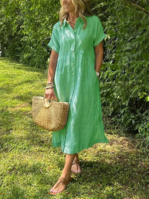 Women's Striped Midi Dress | Button-Down Short Sleeve-5