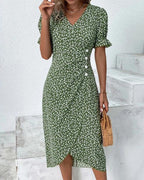 Women's Floral Wrap Midi Dress | V-Neck Ruffle Sleeve-1
