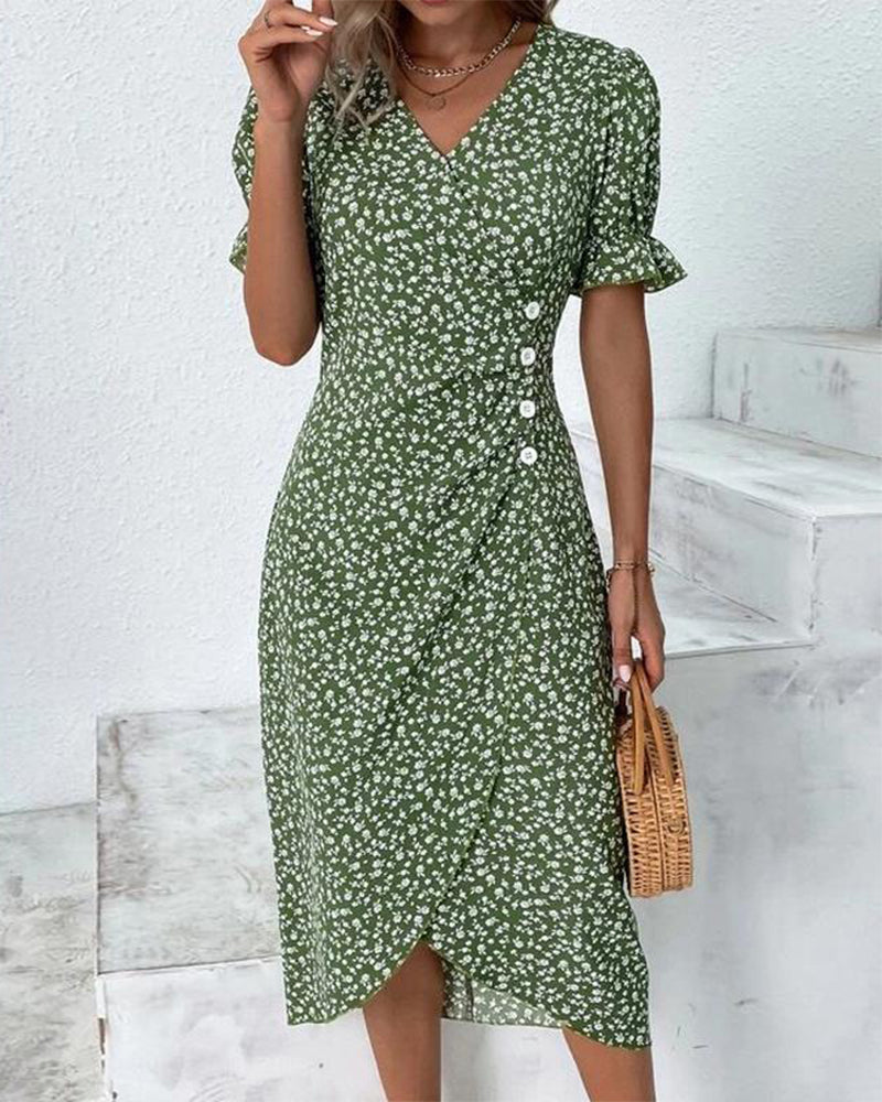 Women's Floral Wrap Midi Dress | V-Neck Ruffle Sleeve-1