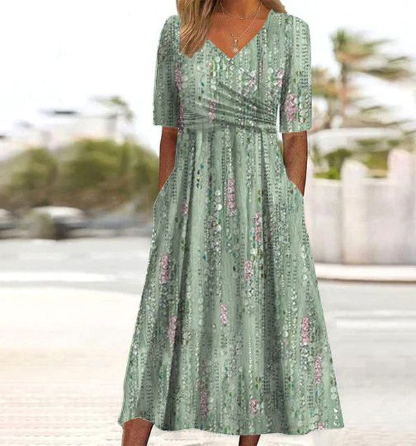 Women's Floral Midi Dress | V-Neck Half Sleeve-1