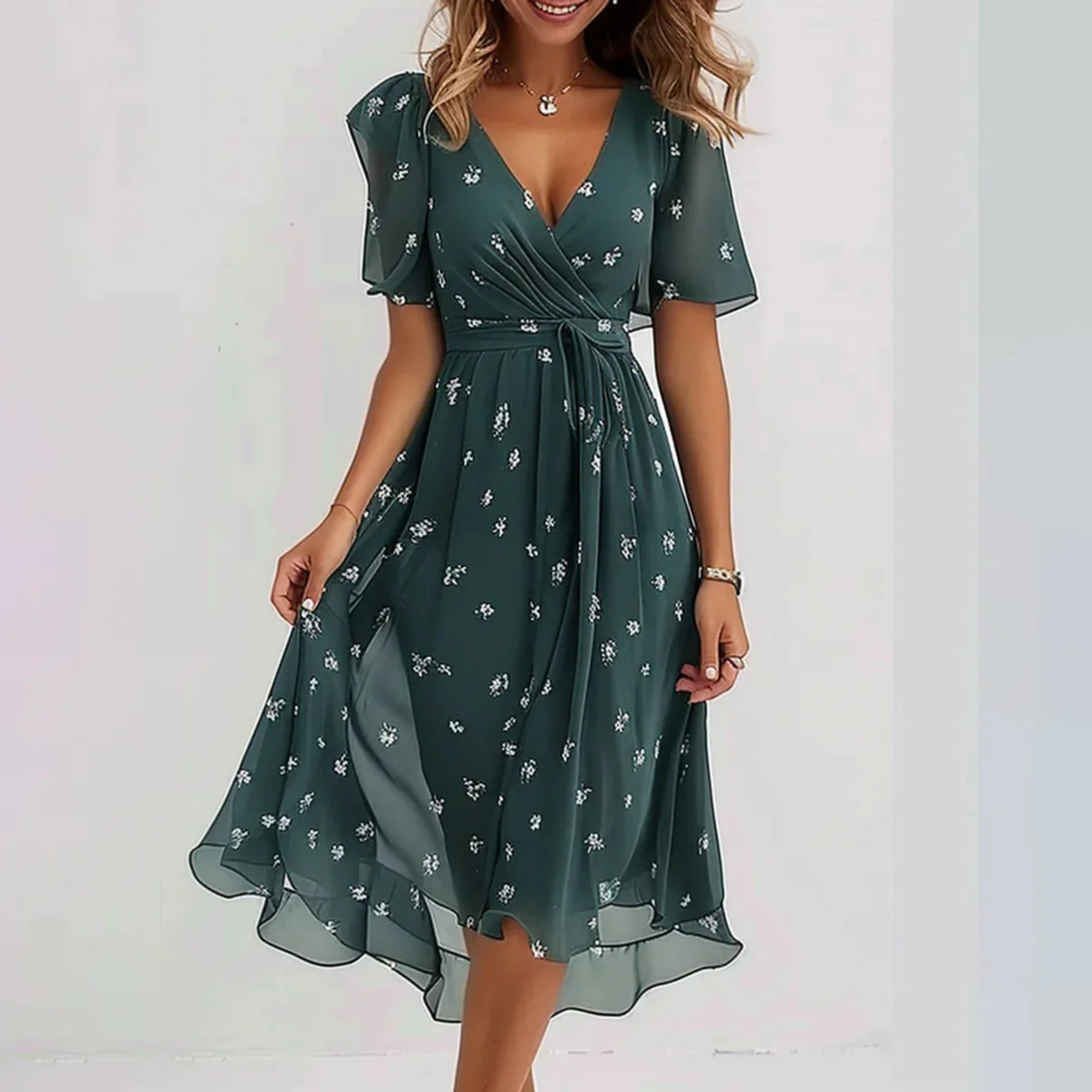 Women's Floral Wrap Dress | V-Neck Flutter Sleeve-1
