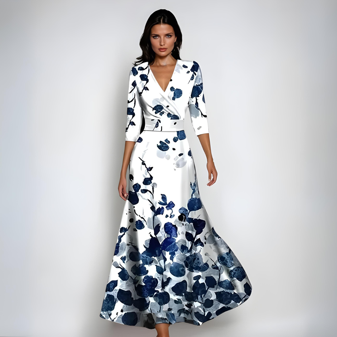 Women's Floral Wrap Maxi Dress | V-Neck 3/4 Sleeve-4