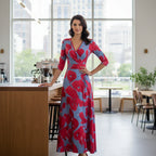 Women's Floral Wrap Maxi Dress | V-Neck 3/4 Sleeve-2