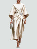 Women's Draped Midi Dress | Batwing Sleeve Formal-6